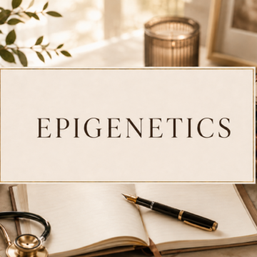 EPIGENETICS Warm, elegant desk scene featuring a stethoscope, open notebook, coffee, flowers and vintage books, with “Epigenetics” displayed in the centre.