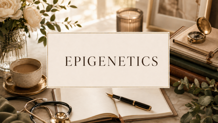 Warm, elegant desk scene featuring a stethoscope, open notebook, coffee, flowers and vintage books, with “Epigenetics” displayed in the centre.
