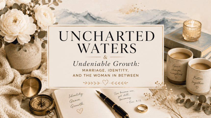 UNCHARTED WATERS (1) Warm editorial-style flat lay with a journal, fountain pen, gold wedding band, antique compass, white peonies, coffee mugs, and candlelight surrounding the title "Uncharted Waters & Undeniable Growth." The image symbolizes the journey of marriage, self-discovery, and embracing personal growth through life's changing seasons.
