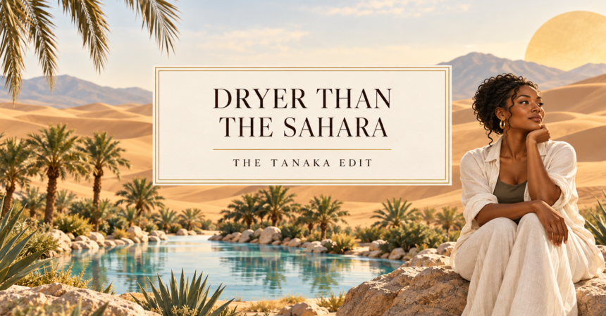 Illustrated feature image for “Dryer Than the Sahara.” A woman sits thoughtfully beside an oasis amid golden desert dunes, beneath the article title.