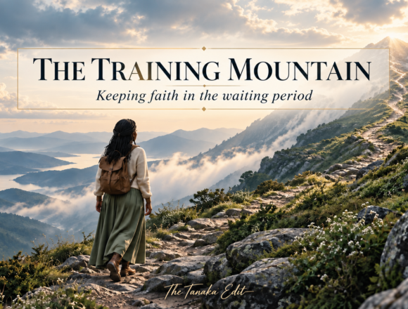 A woman stands on a winding mountain path, looking toward a sunlit summit beneath the title “The Training Mountain: Keeping faith in the waiting period.”