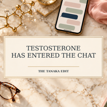 A gold testosterone molecule beside a phone displaying group-chat bubbles, with the title “Testosterone Has Entered the Chat.”