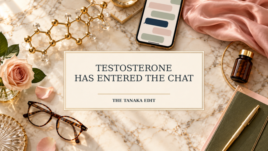 A gold testosterone molecule beside a phone displaying group-chat bubbles, with the title “Testosterone Has Entered the Chat.”