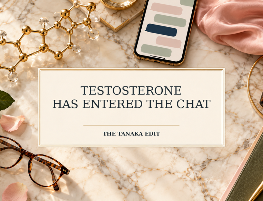 A gold testosterone molecule beside a phone displaying group-chat bubbles, with the title “Testosterone Has Entered the Chat.”