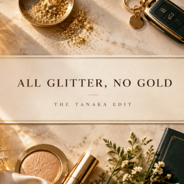 Cream-and-gold flat lay of perfume, shimmer oil, glitter, car keys and a stethoscope surrounding the centred title “All Glitter, No Gold — The Tanaka Edit.”