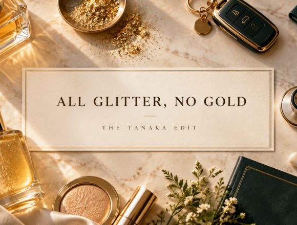 Cream-and-gold flat lay of perfume, shimmer oil, glitter, car keys and a stethoscope surrounding the centred title “All Glitter, No Gold — The Tanaka Edit.”