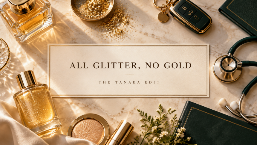 Cream-and-gold flat lay of perfume, shimmer oil, glitter, car keys and a stethoscope surrounding the centred title “All Glitter, No Gold — The Tanaka Edit.”